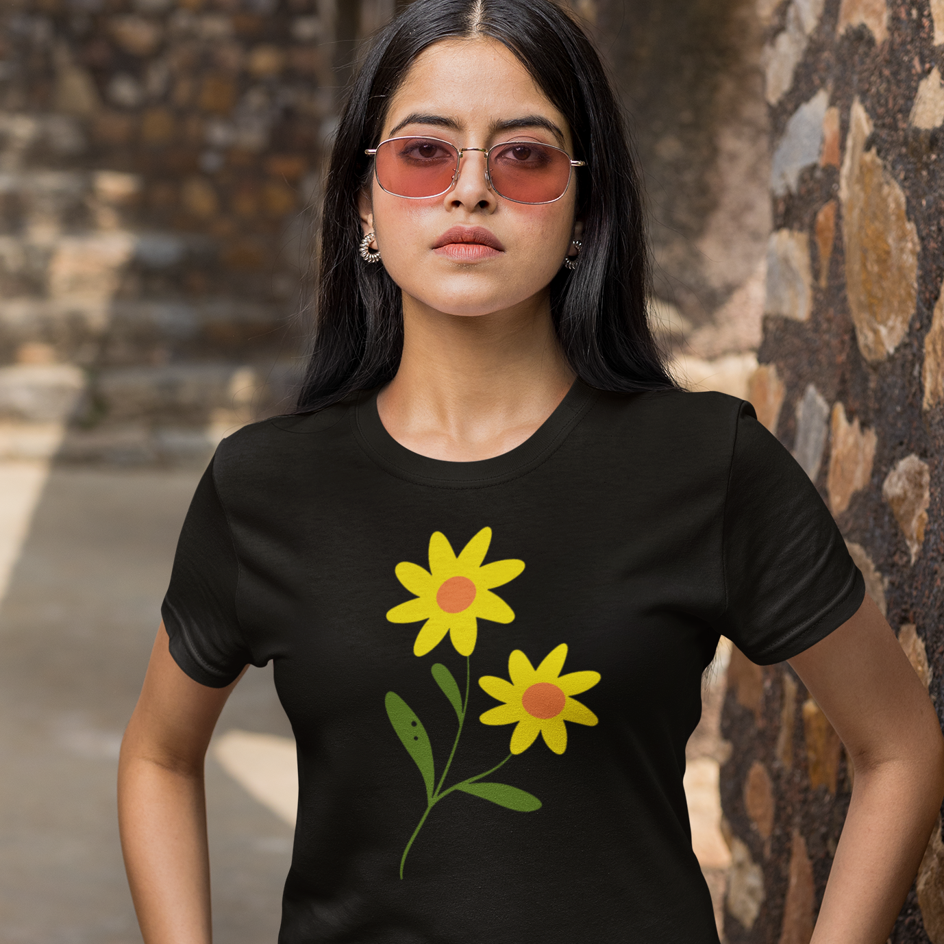 Flower Womens Tee Black Color