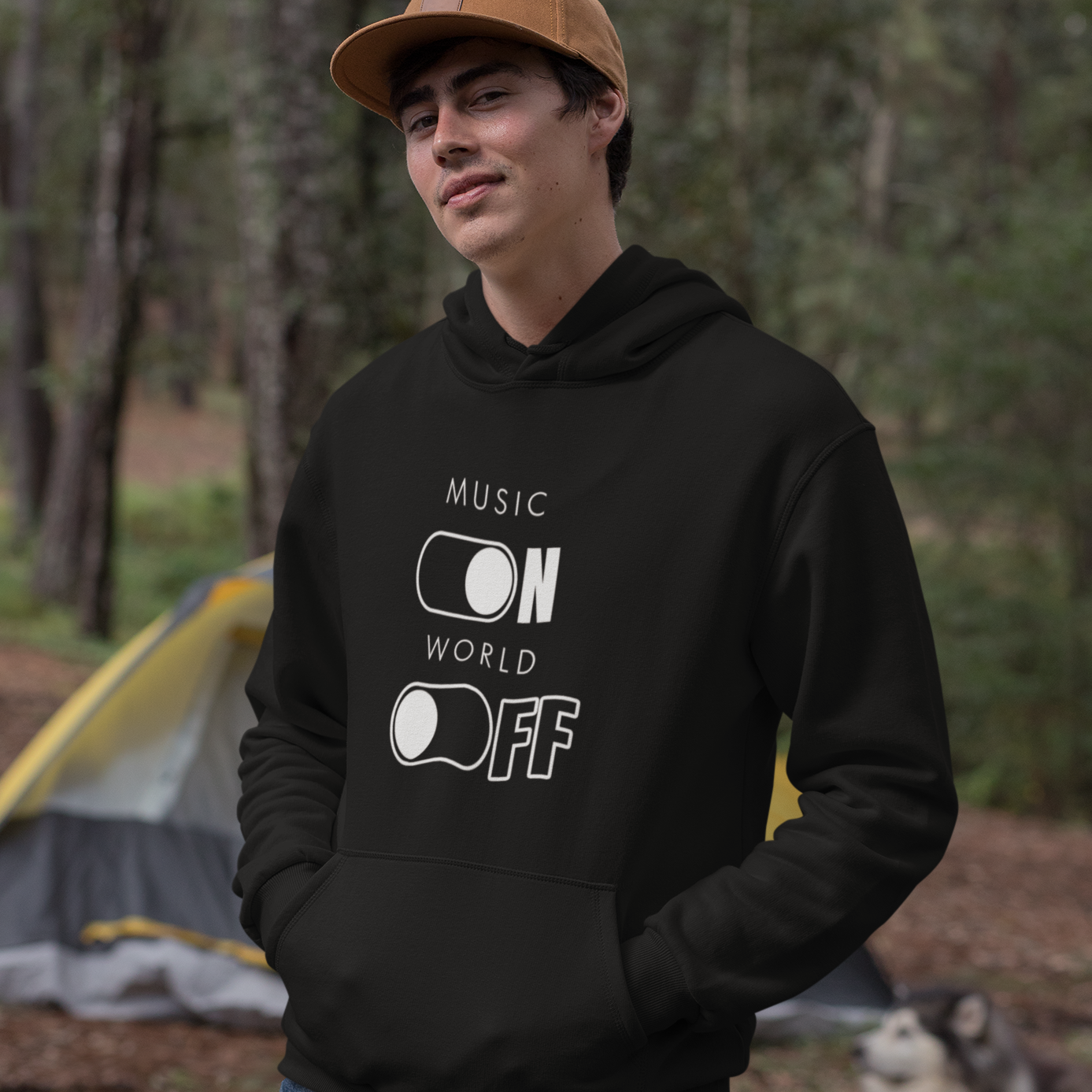 Music on world off black hoodie for men and women with pocket